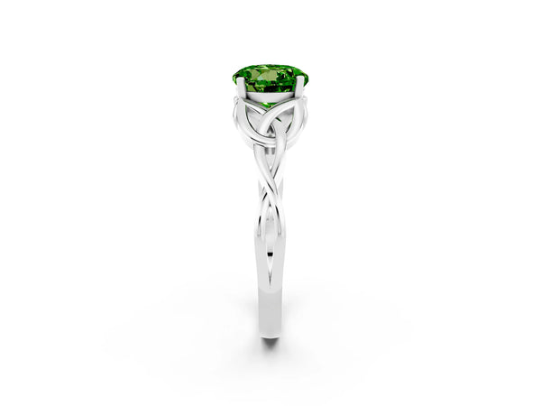 Platinum Round Cut Peridot Solitaire Celtic Knot Ring with Four-Prong Setting