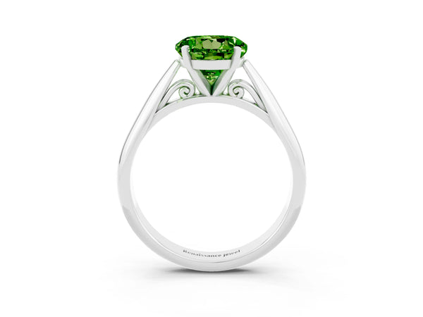 Platinum Round Cut Peridot Solitaire Engagement Ring with Cathedral Setting and Four-Prong Mount