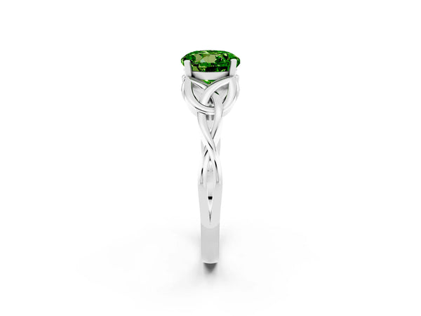 Silver Round Cut Peridot Solitaire Engagement Ring with Celtic Knot Band and Four-Prong Setting