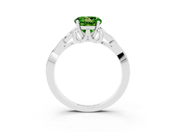 Platinum Round Cut Peridot Solitaire Engagement Ring with Celtic Knot Band and Four-Prong Setting