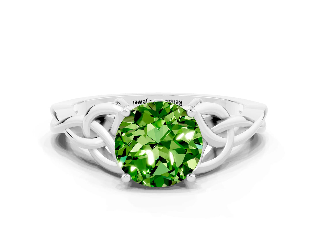 White gold Round Cut Peridot Solitaire Engagement Ring with Celtic Knot Band and Four-Prong Setting
