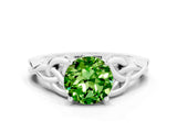 White gold Round Cut Peridot Solitaire Engagement Ring with Celtic Knot Band and Four-Prong Setting