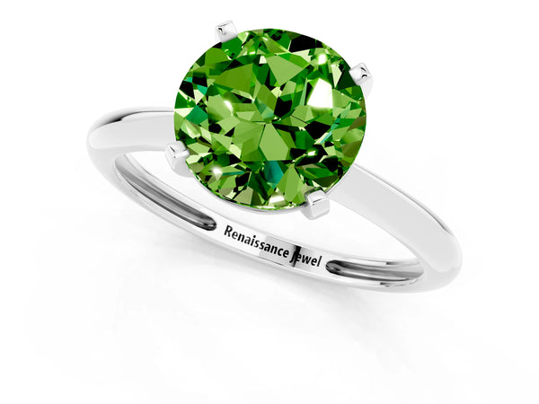 White gold Round Cut Peridot Solitaire Engagement Ring with Classic Band and Four-Prong Setting