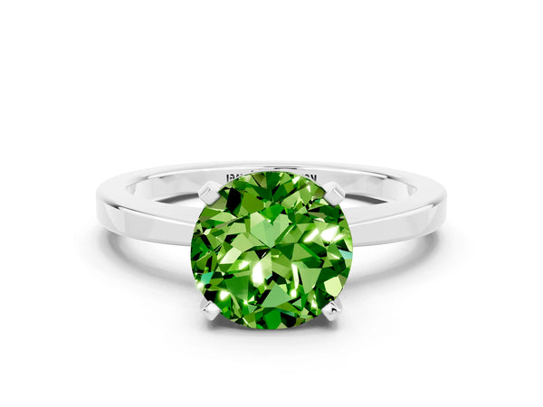 Platinum Round Cut Peridot Solitaire Engagement Ring with Classic Band and Four-Prong Setting