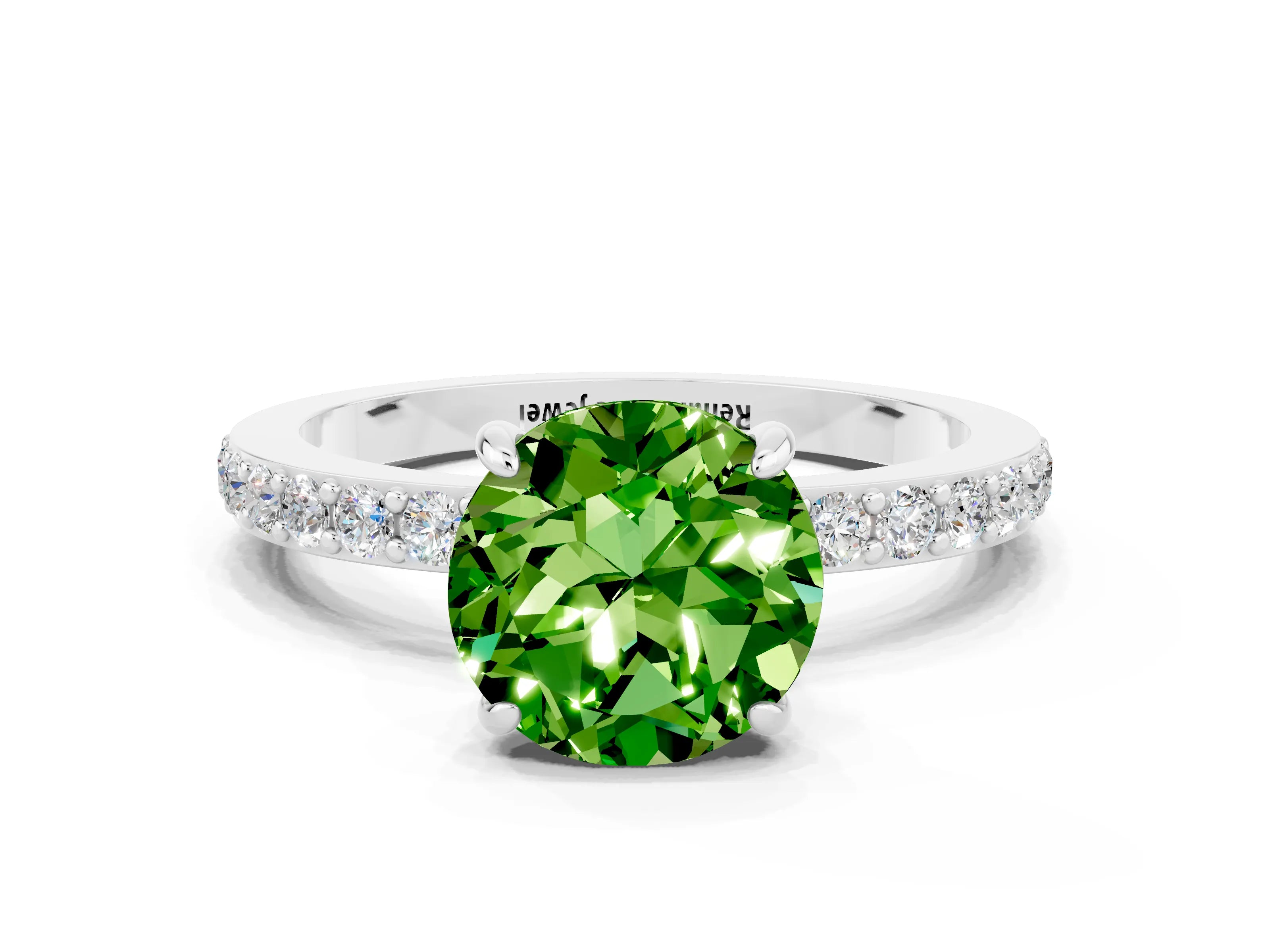 White gold Round Cut Peridot Solitaire Engagement Ring with Pavé Band and Four-Prong Setting
