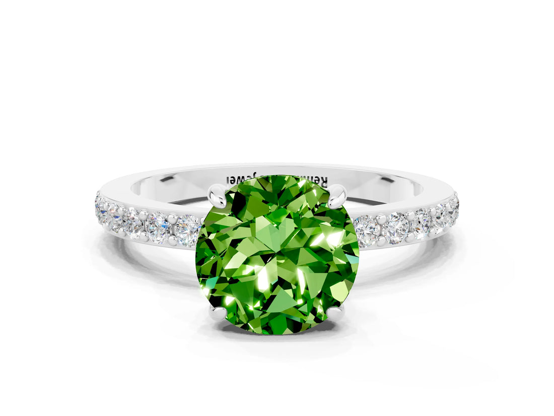 White gold Round Cut Peridot Solitaire Engagement Ring with Pavé Band and Four-Prong Setting
