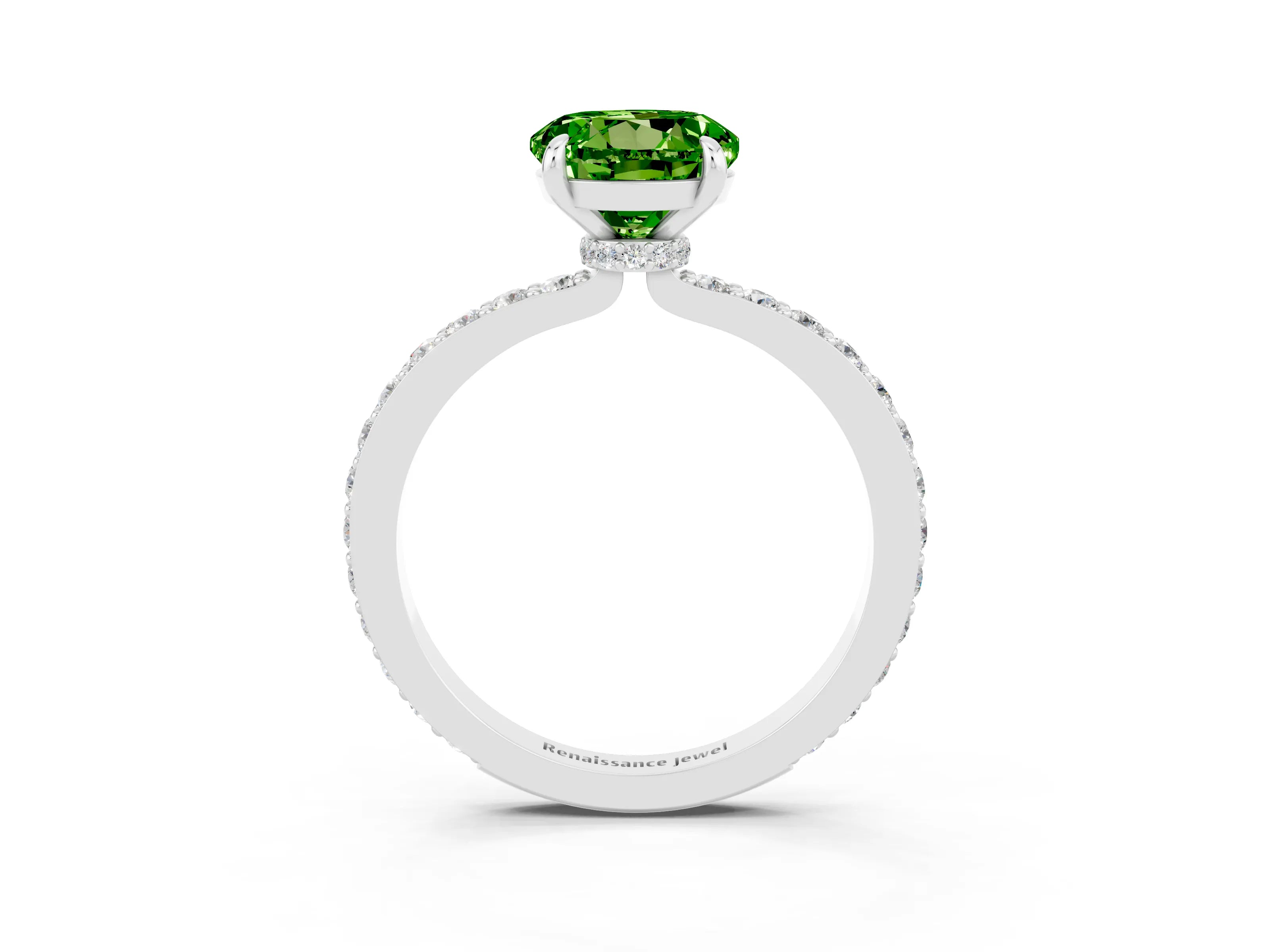 White gold Round Cut Peridot Solitaire Engagement Ring with Pavé Band and Four-Prong Setting_3