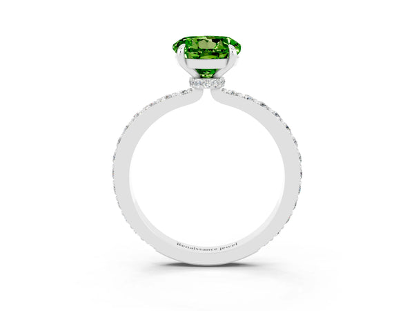 Silver Round Cut Peridot Solitaire Engagement Ring with Pavé Band and Four-Prong Setting