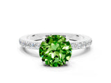 White gold Round Cut Peridot Solitaire Engagement Ring with Pavé Band and Four-Prong Setting