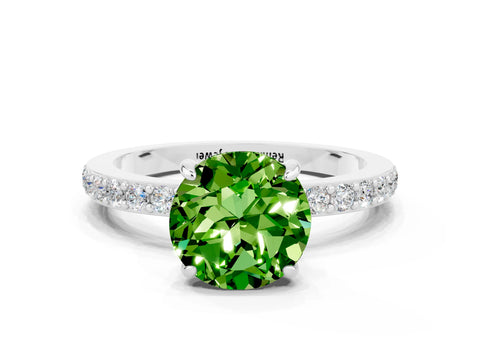 White gold Round Cut Peridot Solitaire Engagement Ring with Pavé Band and Four-Prong Setting