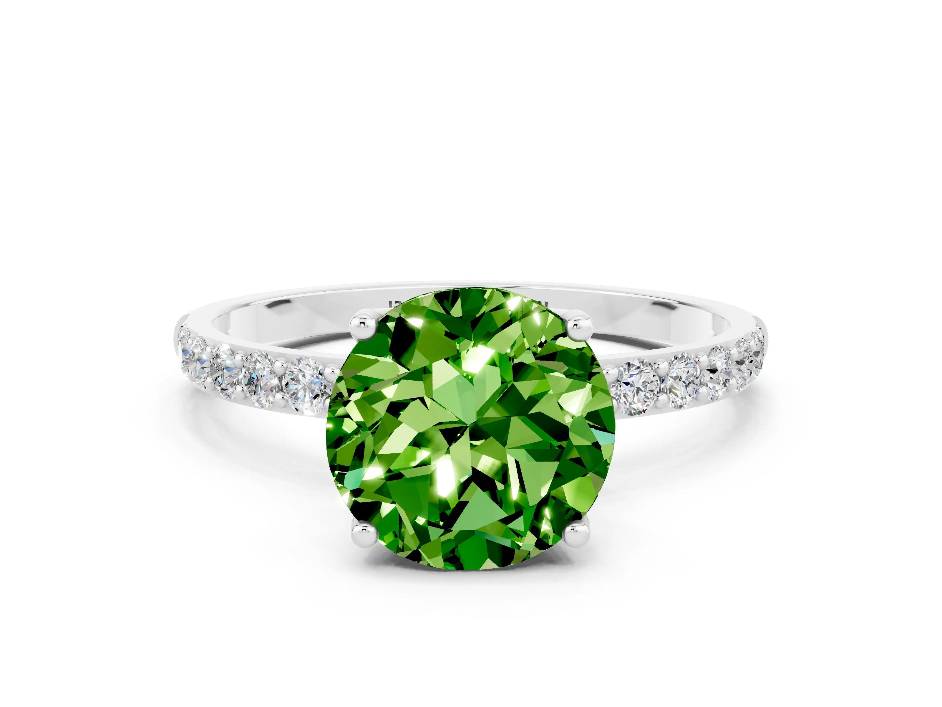 White gold Round Cut Peridot Solitaire Engagement Ring with Pavé Band and Prong Setting