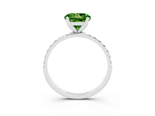 Silver Round Cut Peridot Solitaire Engagement Ring with Round  Pavé Band and Prong Setting