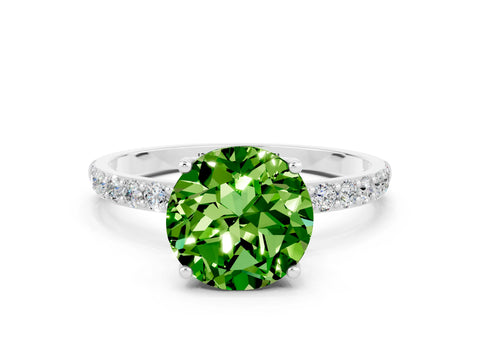 White gold Round Cut Peridot Solitaire Engagement Ring with Pavé Band and Prong Setting