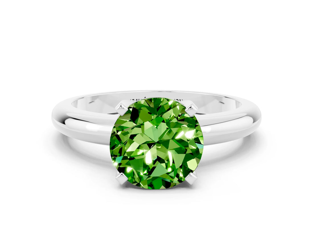 White gold Round Cut Peridot Solitaire Engagement Ring with Round Band and Four-Prong Setting