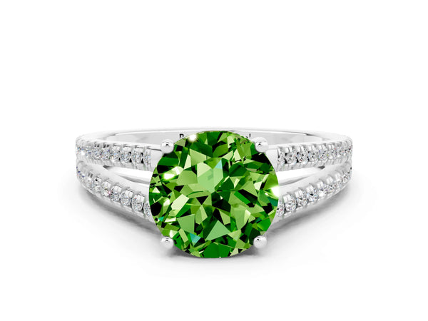 Platinum Round Cut Peridot Solitaire Engagement Ring with Split Shank Pavé Band