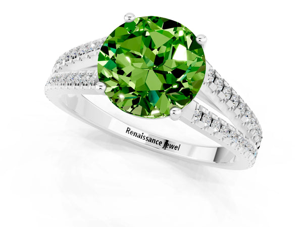 White gold Round Cut Peridot Solitaire Engagement Ring with Split Shank Pavé Band