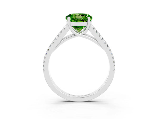 White gold Round Cut Peridot Solitaire Engagement Ring with Split Shank Pavé Band