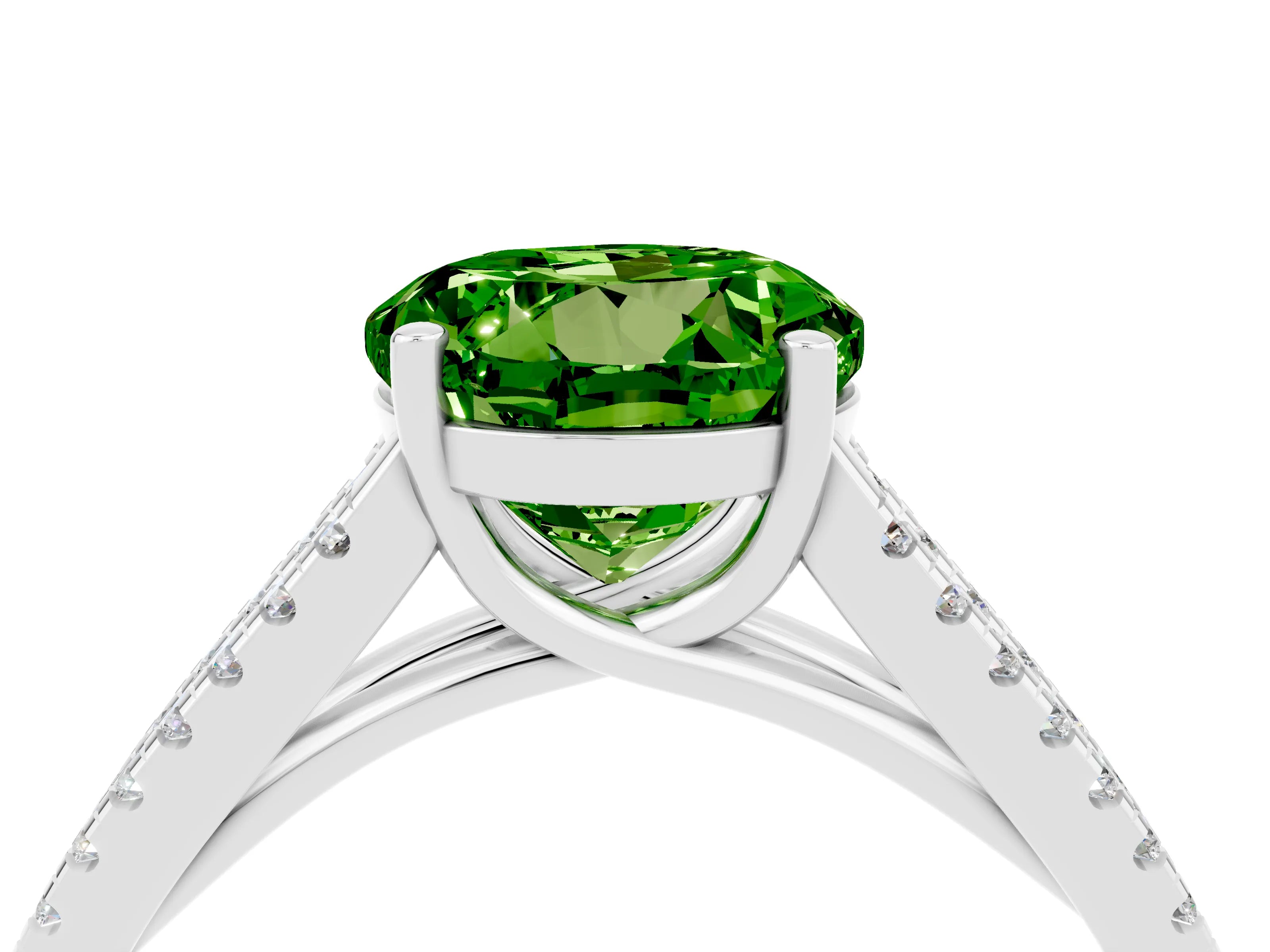 White gold Round Cut Peridot Solitaire Engagement Ring with Split Shank Pavé Band_4