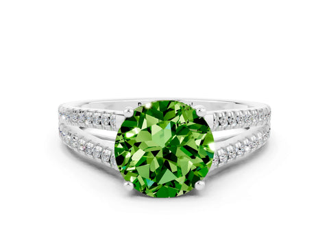White gold Round Cut Peridot Solitaire Engagement Ring with Split Shank Pavé Band