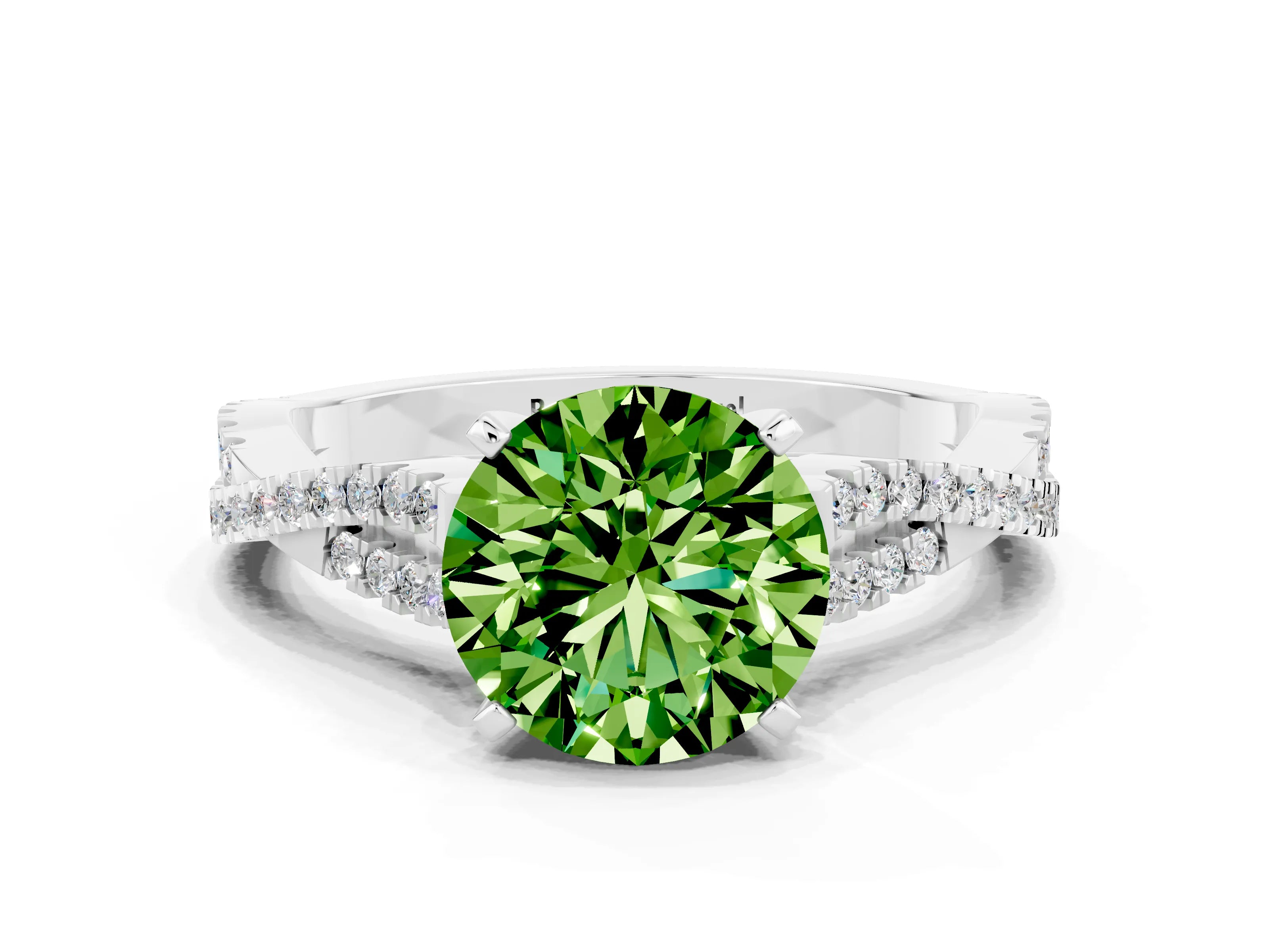 White gold Round Cut Peridot Solitaire Engagement Ring with Twisted Pavé Band and Four-Prong Setting_12