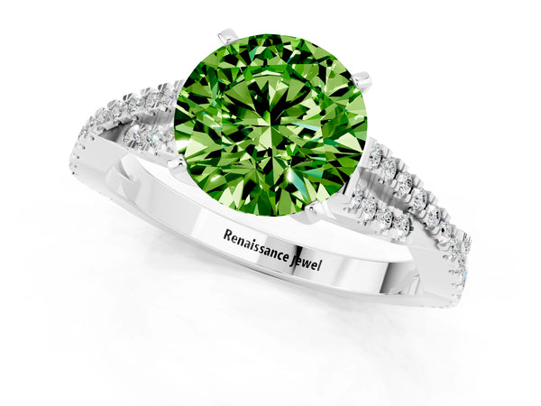 White gold Round Cut Peridot Solitaire Engagement Ring with Twisted Pavé Band and Four-Prong Setting