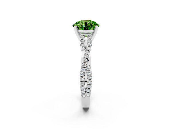 White gold Round Cut Peridot Solitaire Engagement Ring with Twisted Pavé Band and Four-Prong Setting