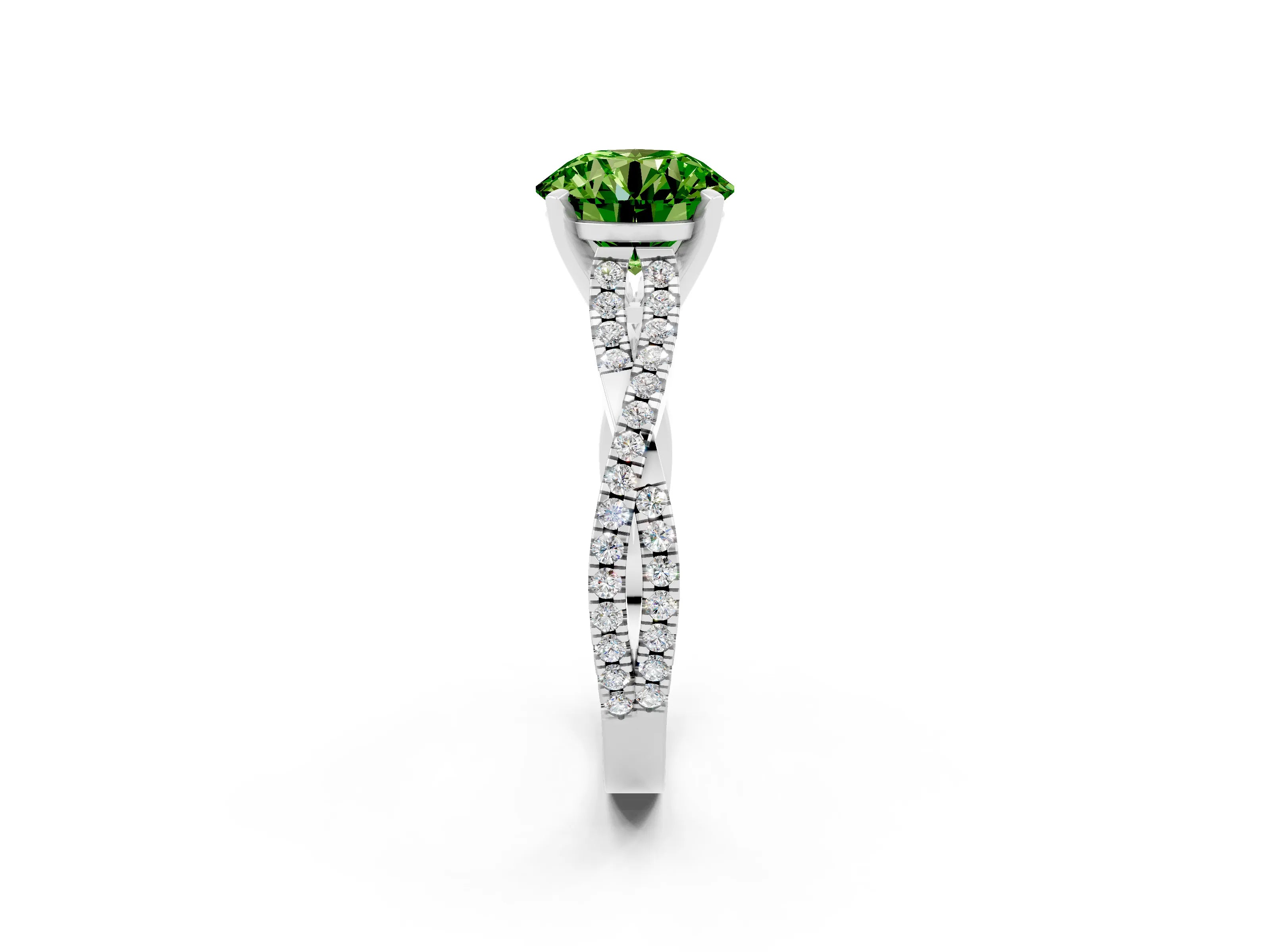 White gold Round Cut Peridot Solitaire Engagement Ring with Twisted Pavé Band and Four-Prong Setting_14