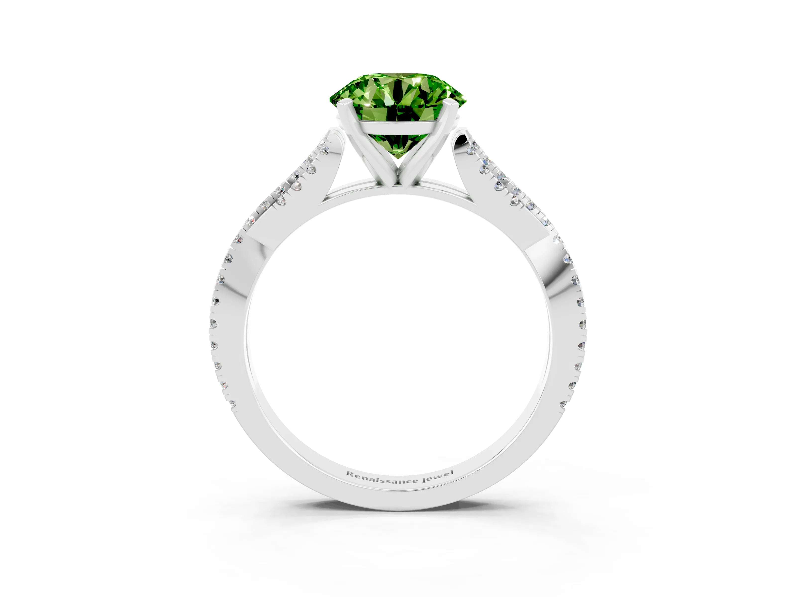 White gold Round Cut Peridot Solitaire Engagement Ring with Twisted Pavé Band and Four-Prong Setting_15