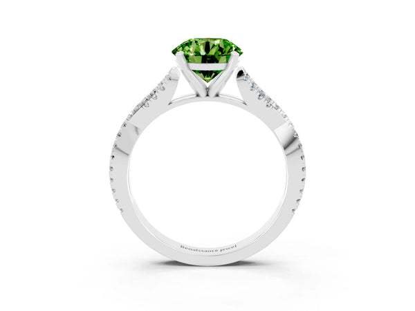 Platinum Round Cut Peridot Solitaire Engagement Ring with Twisted Pavé Band and Four-Prong Setting