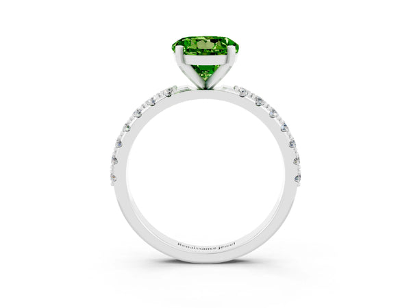 White gold Round Cut Peridot Solitaire Pavé Band with Four-Prong Setting