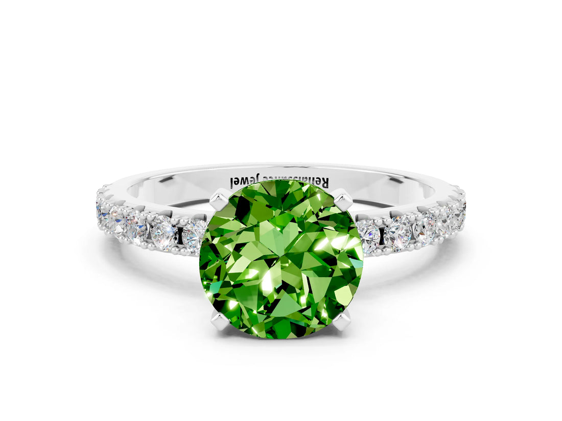 White gold Round Cut Peridot Solitaire Pavé Band with Four-Prong Setting