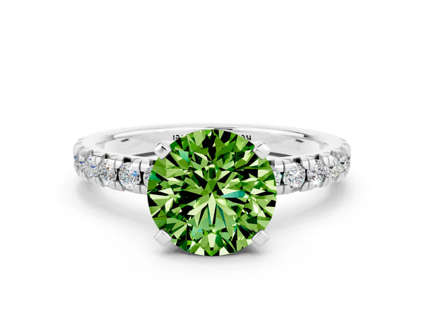 Platinum Round Cut Peridot Solitaire Pavé Engagement Ring with Round Band and Prong Setting