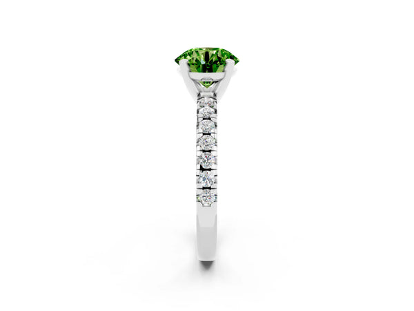 Platinum Round Cut Peridot Solitaire Pavé Engagement Ring with Round Band and Prong Setting