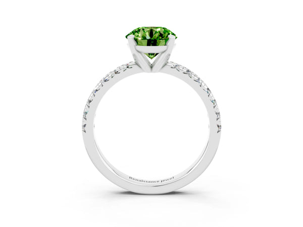 White gold Round Cut Peridot Solitaire Pavé Engagement Ring with Round Band and Prong Setting