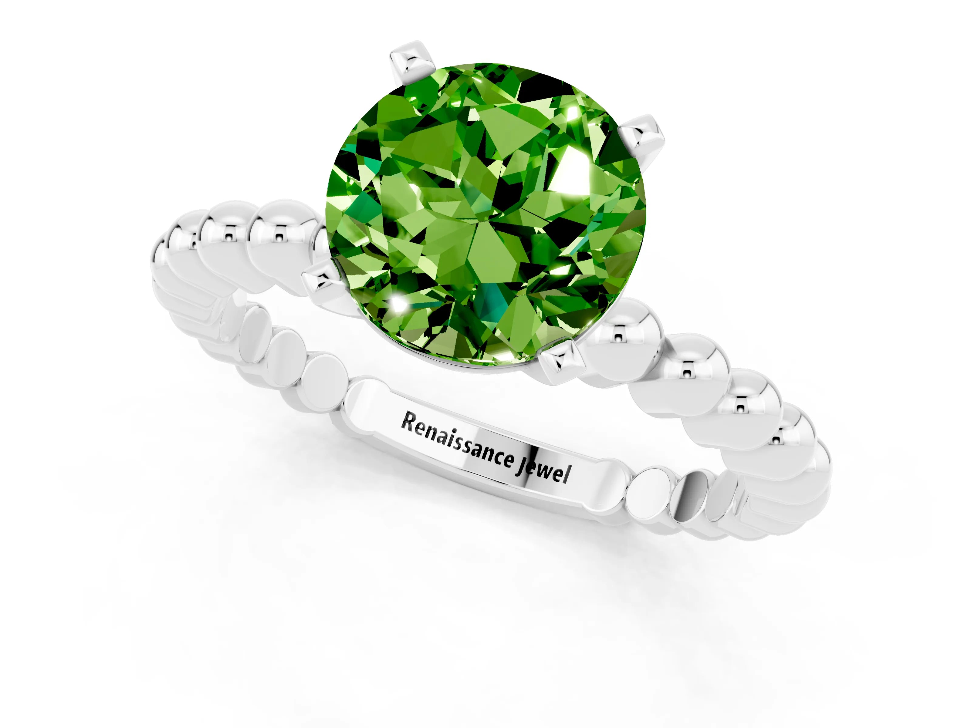 White gold Round Cut Peridot Solitaire Ring with Beaded Band and Prong Setting_1