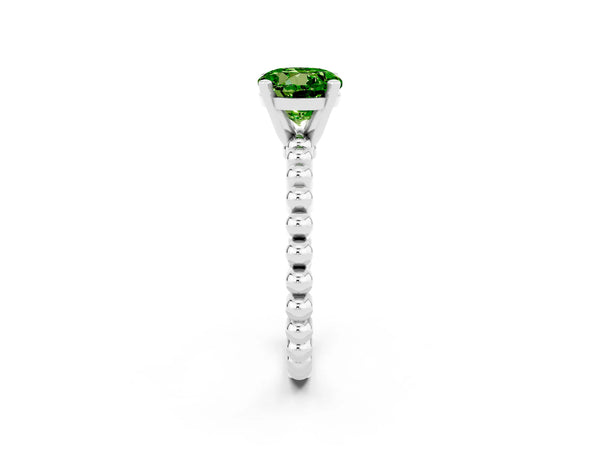 White gold Round Cut Peridot Solitaire Ring with Beaded Band and Prong Setting