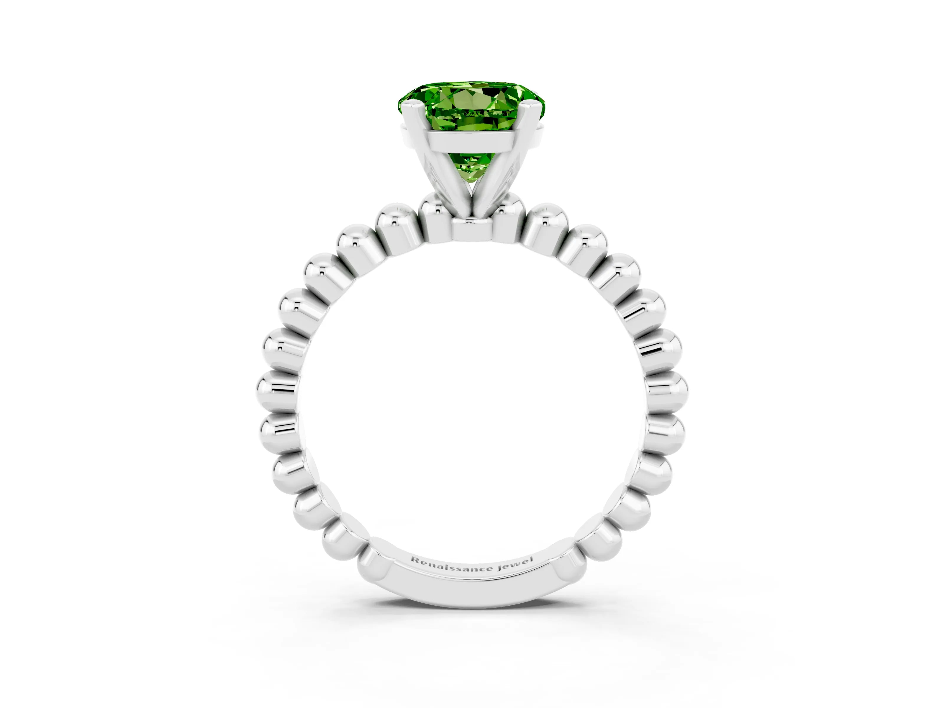 White gold Round Cut Peridot Solitaire Ring with Beaded Band and Prong Setting_15