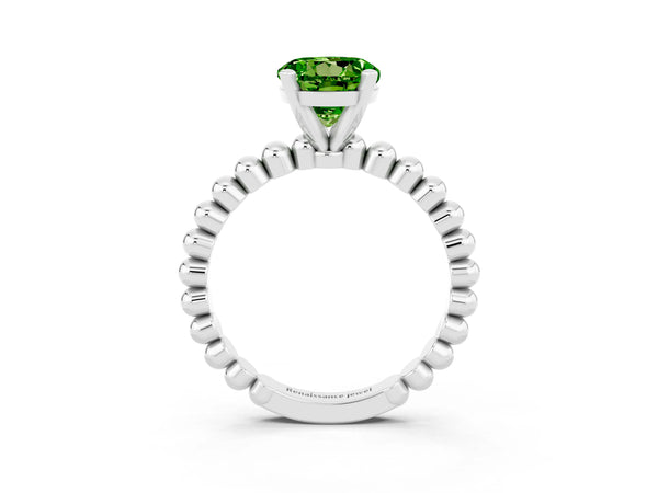 Silver Round Cut Peridot Solitaire Ring with Beaded Band and Prong Setting