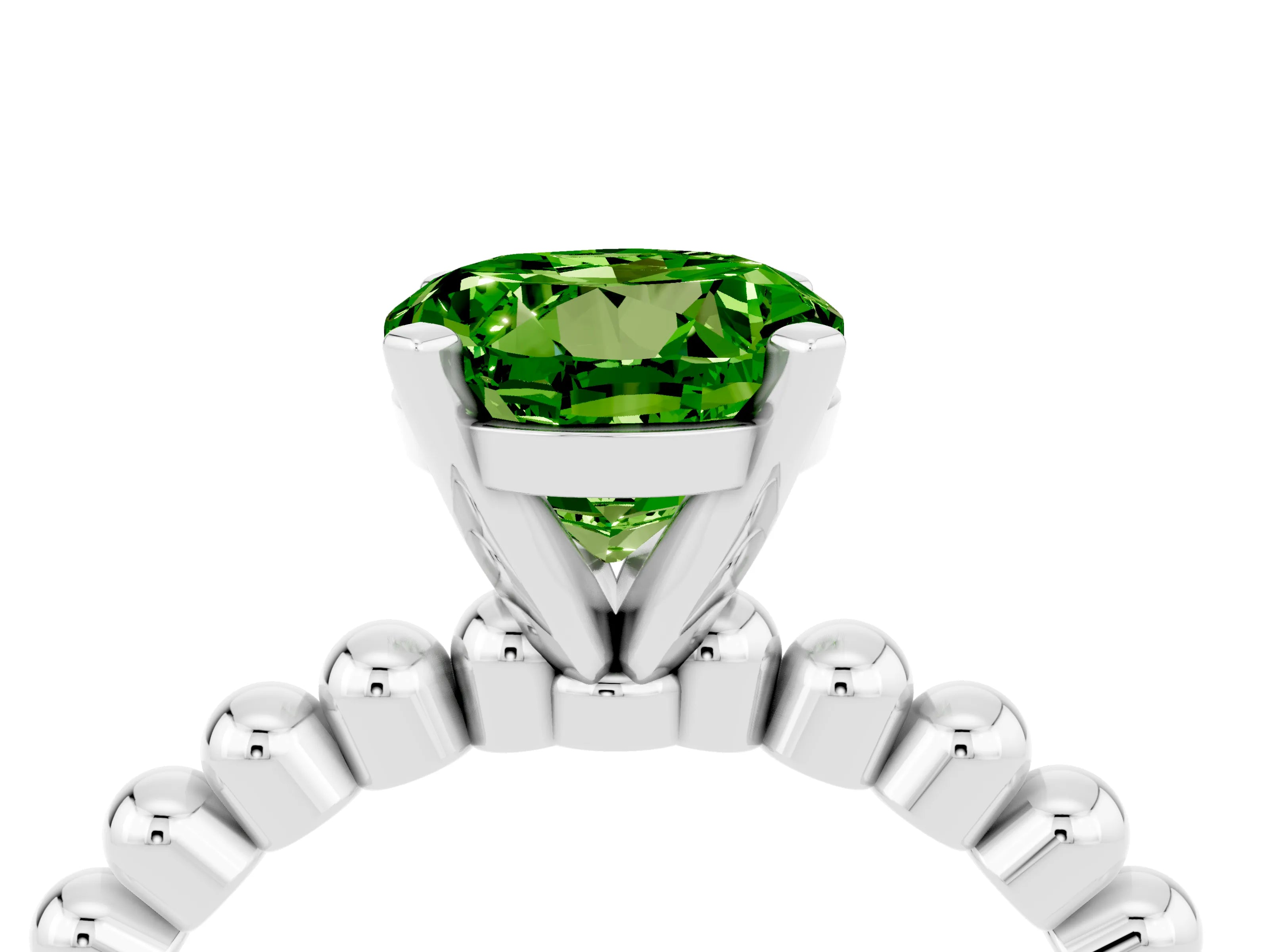 White gold Round Cut Peridot Solitaire Ring with Beaded Band and Prong Setting_4