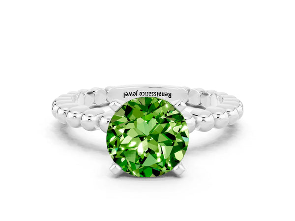 Silver Round Cut Peridot Solitaire Ring with Beaded Band and Prong Setting