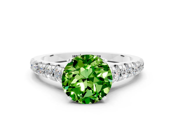 Platinum Round Cut Peridot Cathedral Solitaire Ring with Round  Pavé Band