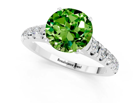 White gold Round Cut Peridot Solitaire Ring with Cathedral Setting and Pavé Band_1