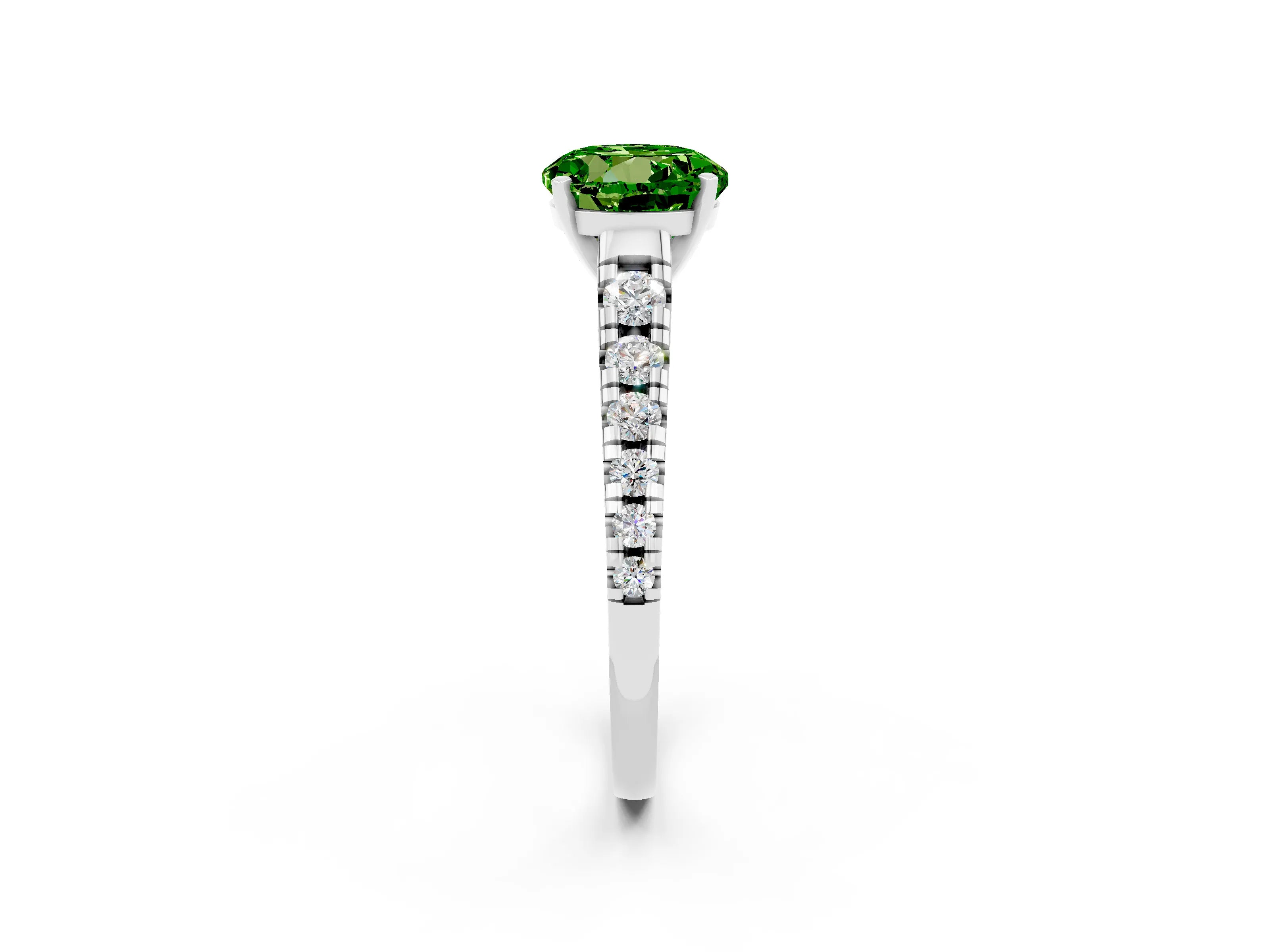 White gold Round Cut Peridot Solitaire Ring with Cathedral Setting and Pavé Band_2