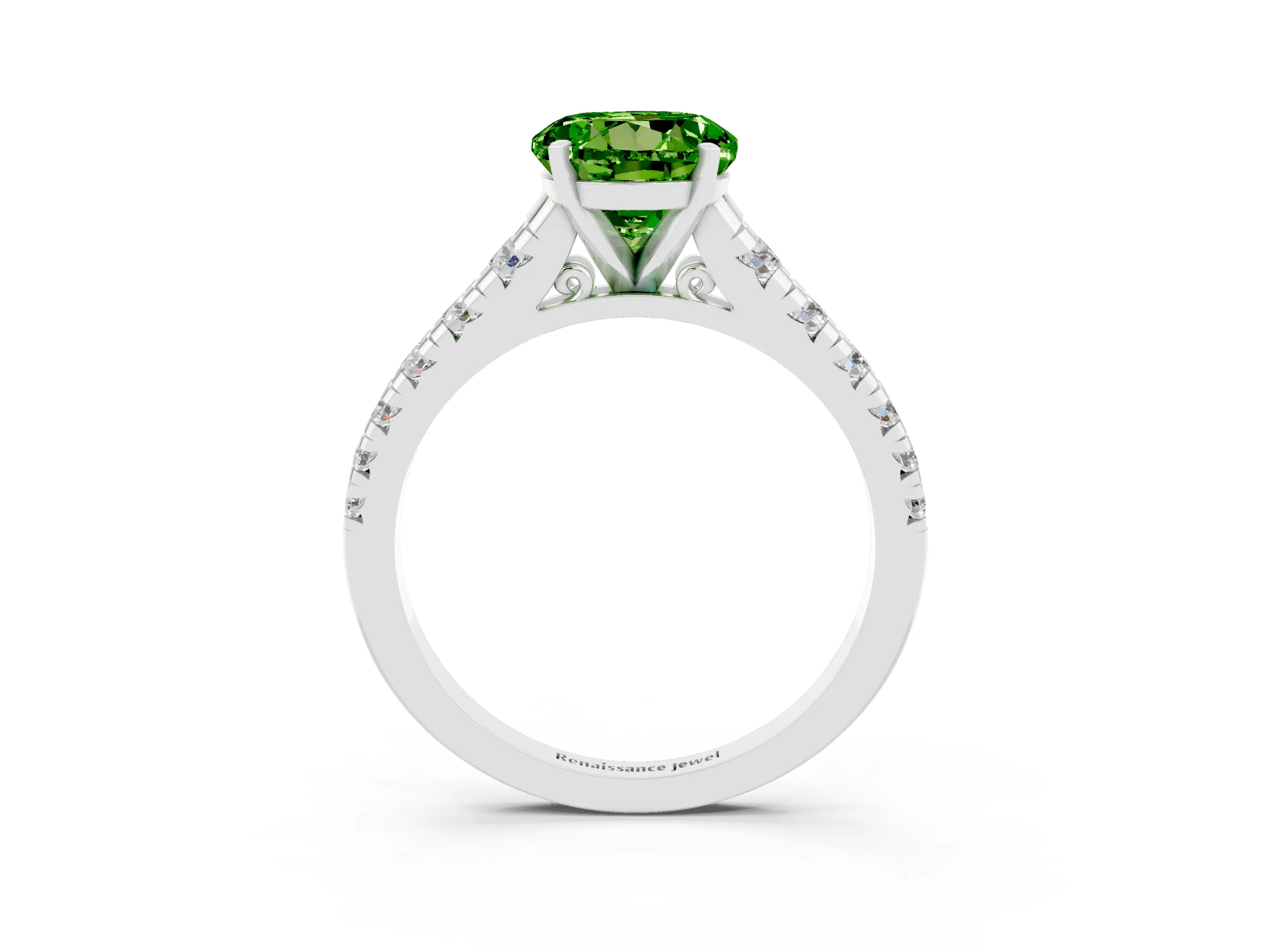 White gold Round Cut Peridot Solitaire Ring with Cathedral Setting and Pavé Band_3
