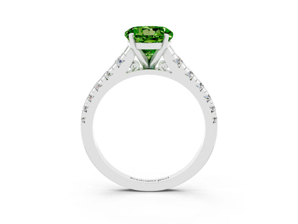 Silver Round Cut Peridot Cathedral Solitaire Ring with Round  Pavé Band