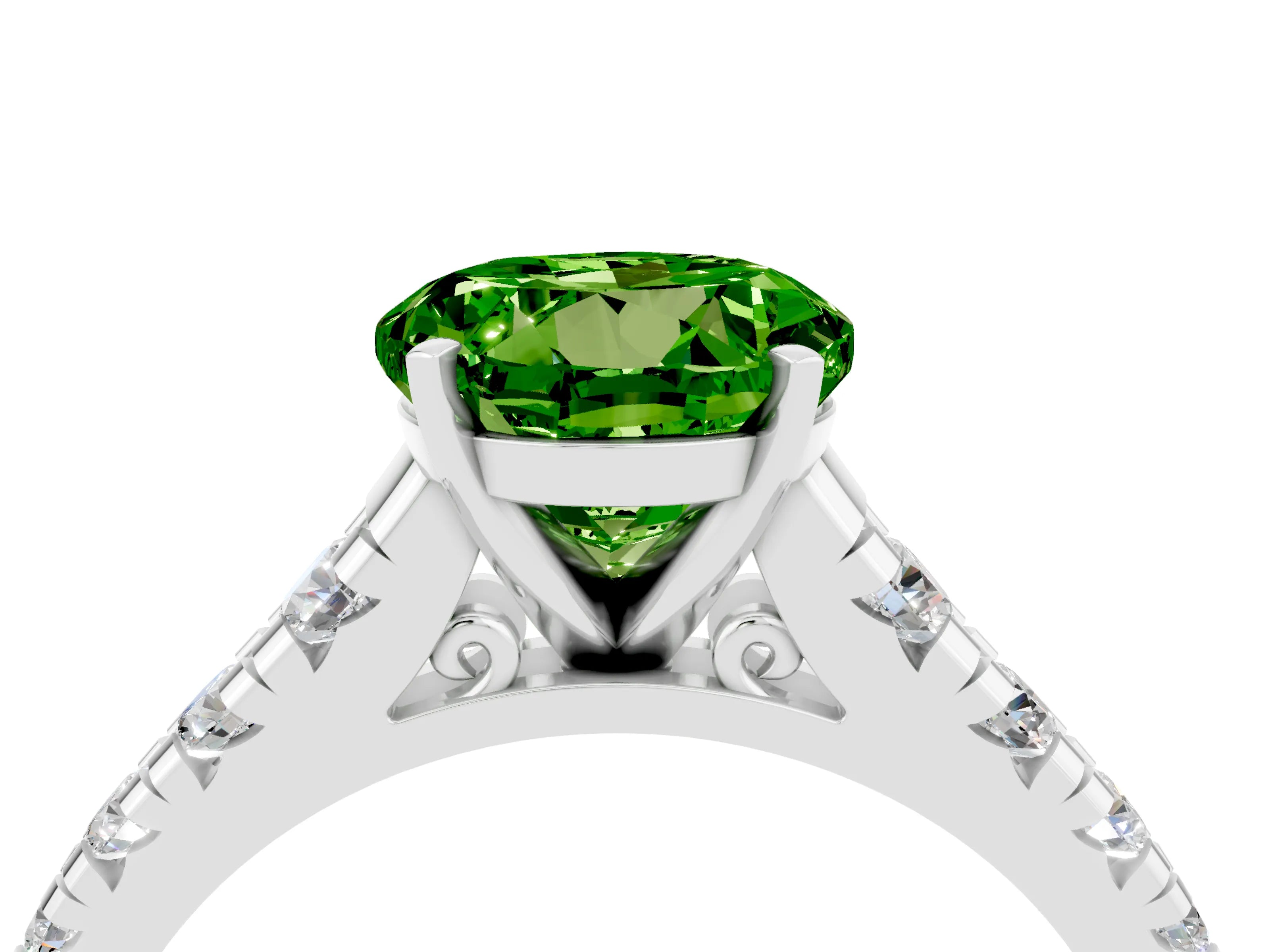 White gold Round Cut Peridot Solitaire Ring with Cathedral Setting and Pavé Band_4