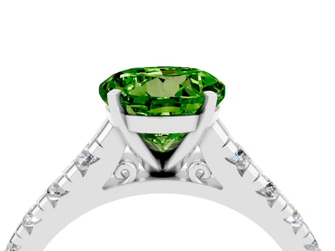 White gold Round Cut Peridot Solitaire Ring with Cathedral Setting and Pavé Band_4