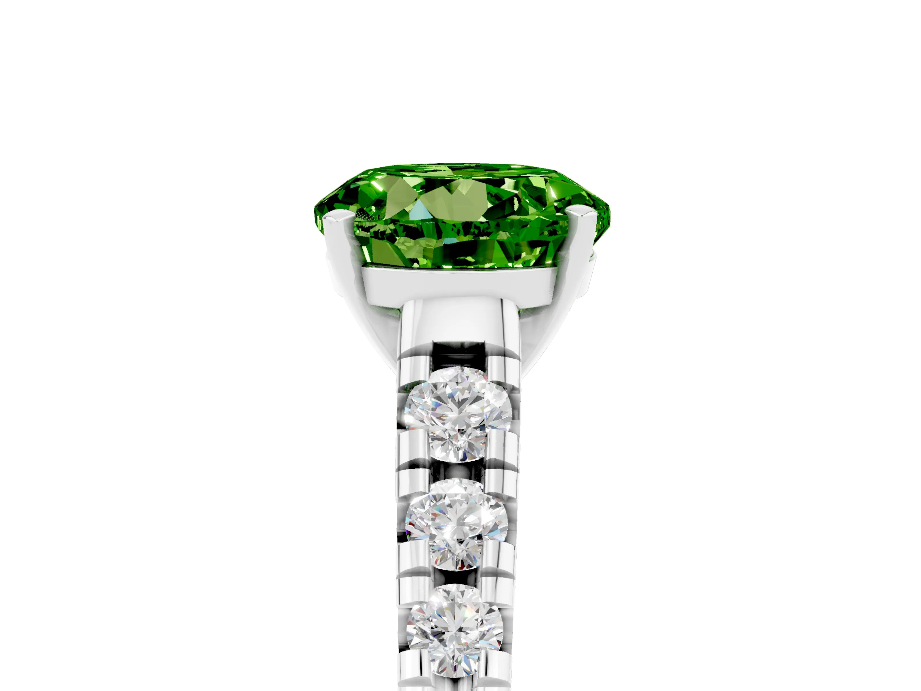 White gold Round Cut Peridot Solitaire Ring with Cathedral Setting and Pavé Band_5