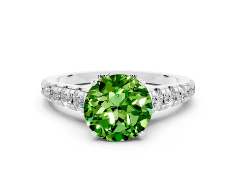 White gold Round Cut Peridot Solitaire Ring with Cathedral Setting and Pavé Band