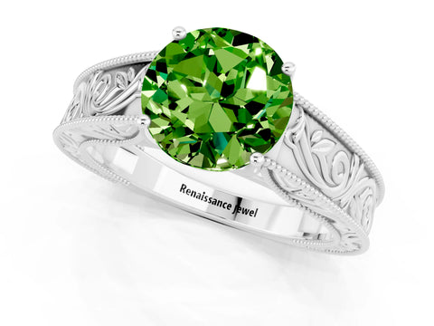 White gold Round Cut Peridot Solitaire Ring with Engraved Band and Four-Prong Setting_1